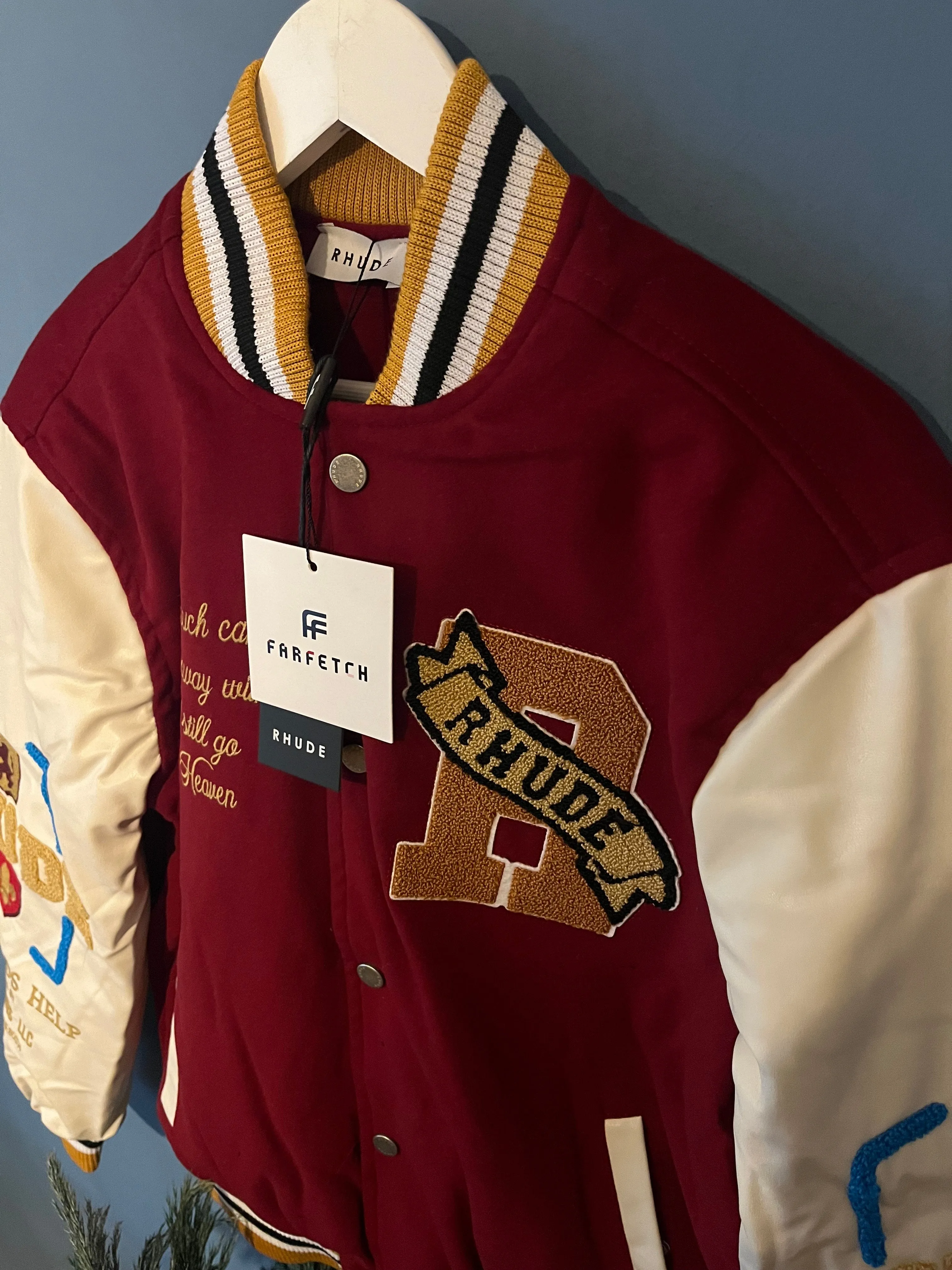 Rhude " Patch-Embroidered " Bomber Jacket styled in Red/Beige for Fall&Winter 2024
