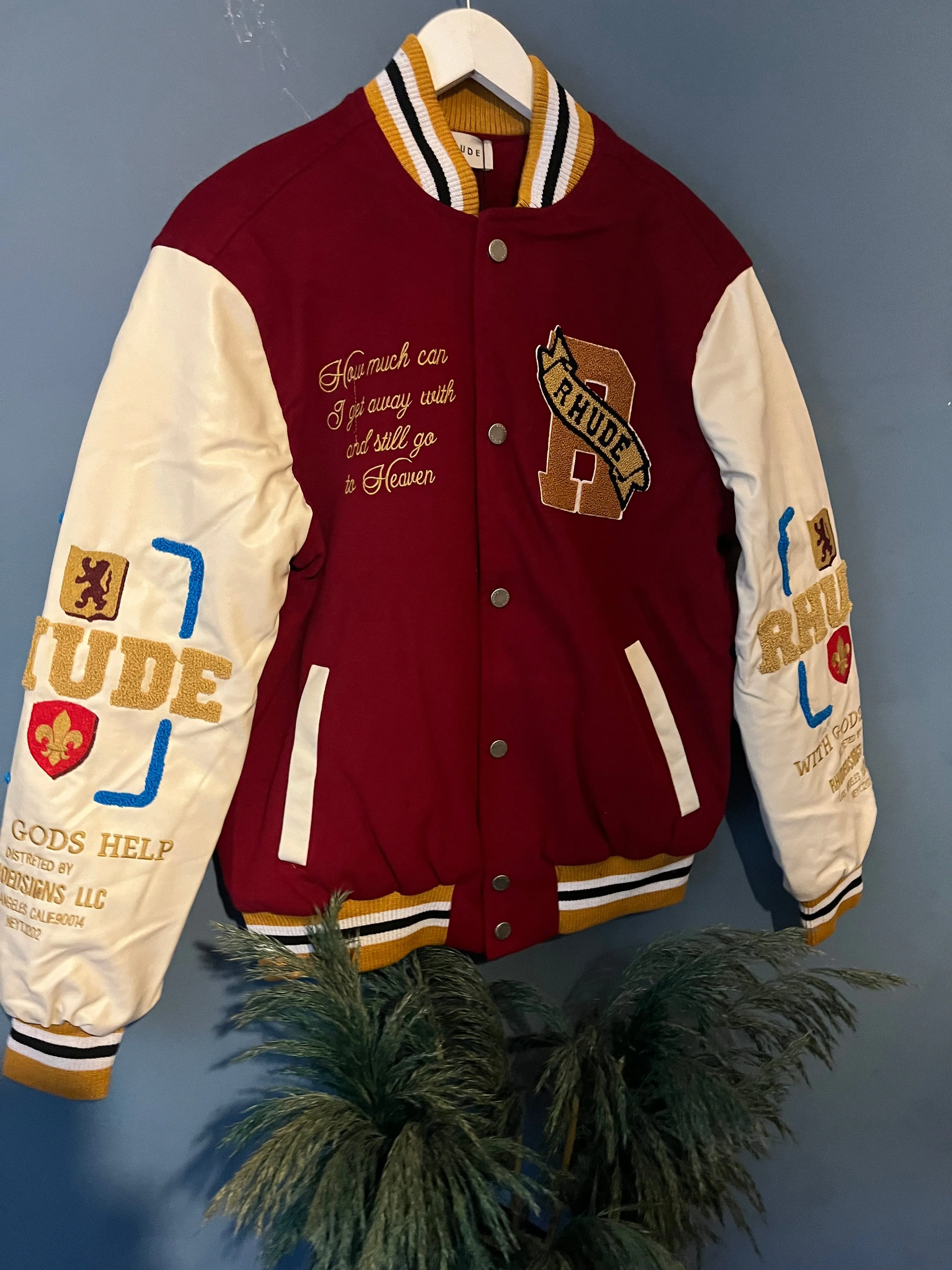 Rhude " Patch-Embroidered " Bomber Jacket styled in Red/Beige for Fall&Winter 2024