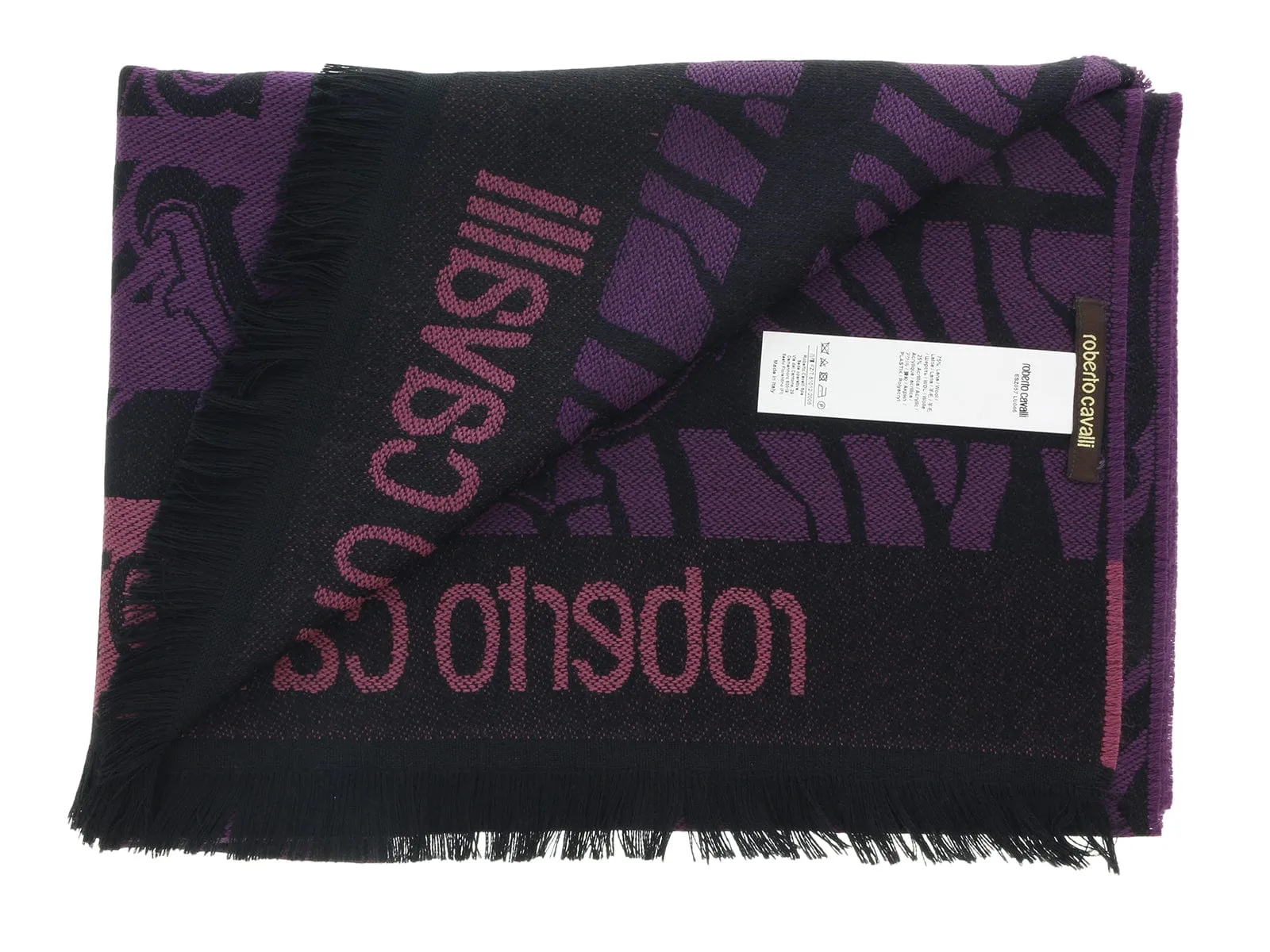 Roberto Cavalli ESZ057 03000 Purple Wool Blend Tiger Print Mens Scarf