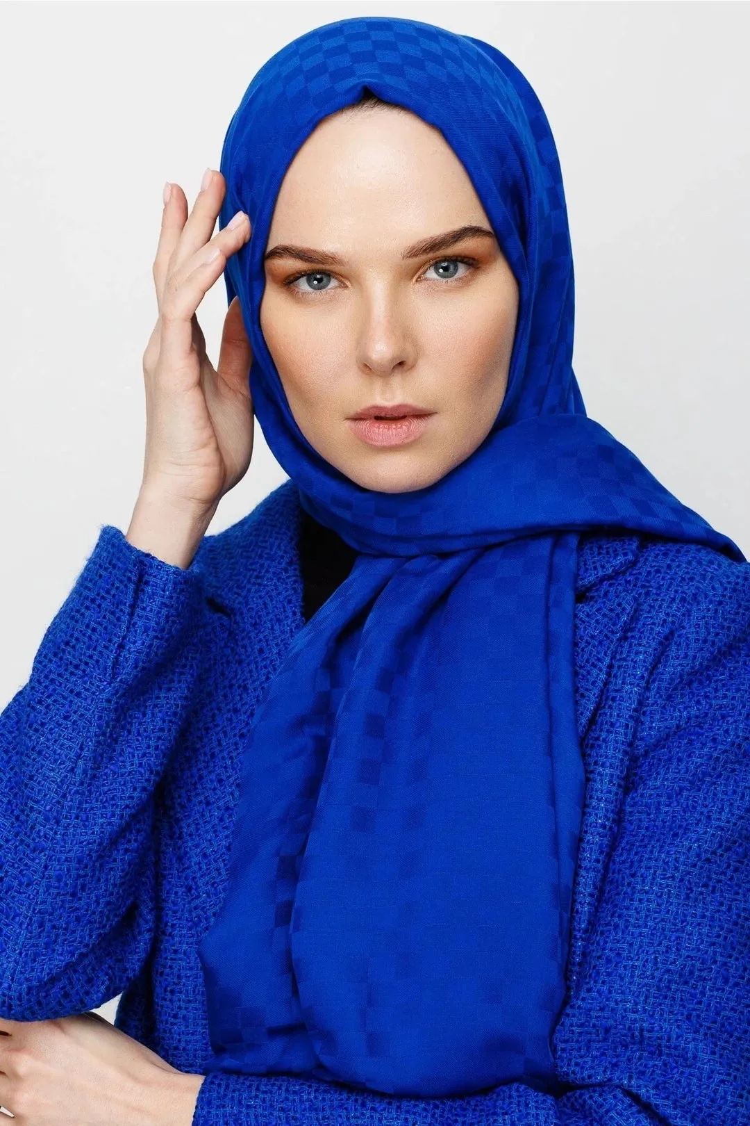 Sax Blue Square Pattern Cotton Jacquard Hijab