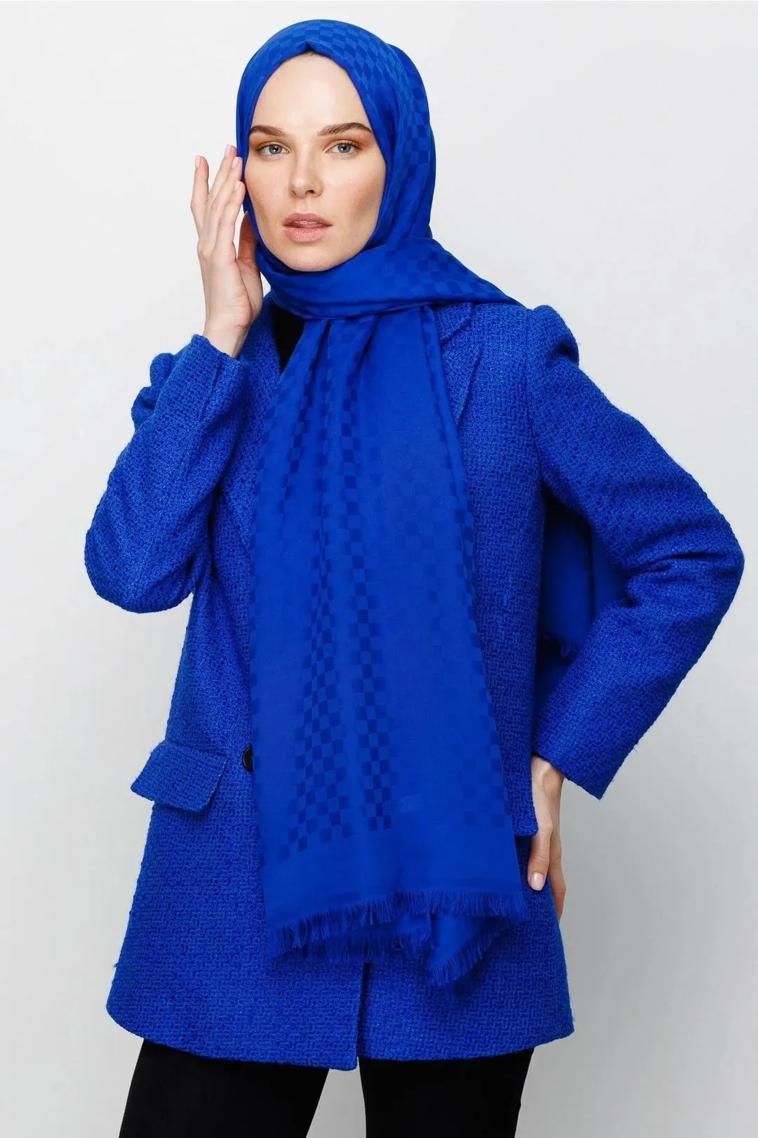 Sax Blue Square Pattern Cotton Jacquard Hijab