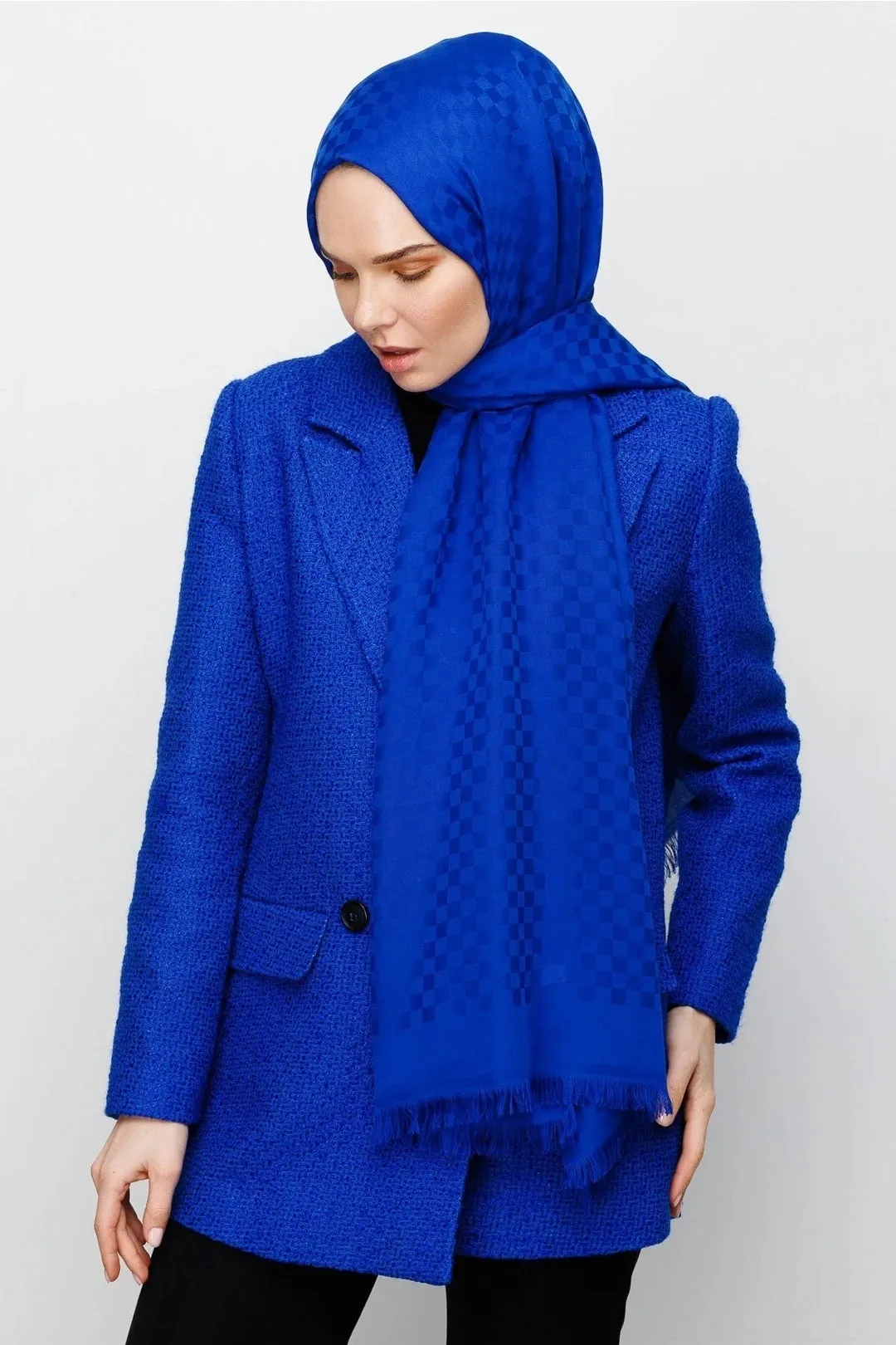 Sax Blue Square Pattern Cotton Jacquard Hijab