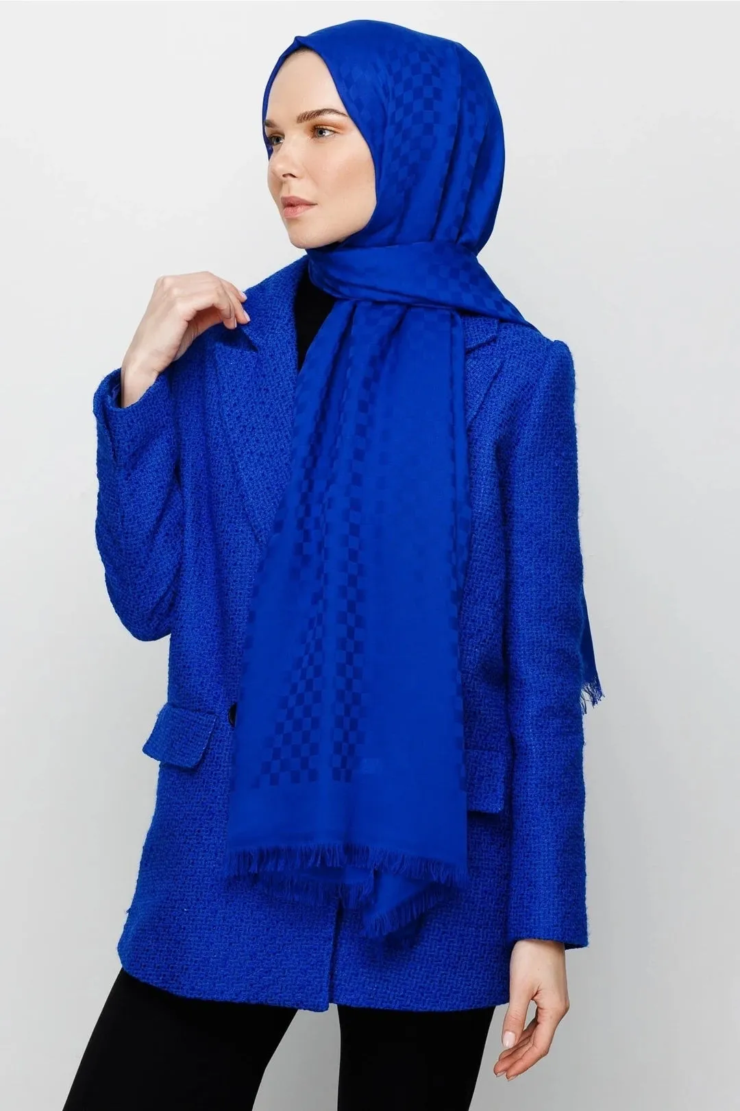 Sax Blue Square Pattern Cotton Jacquard Hijab