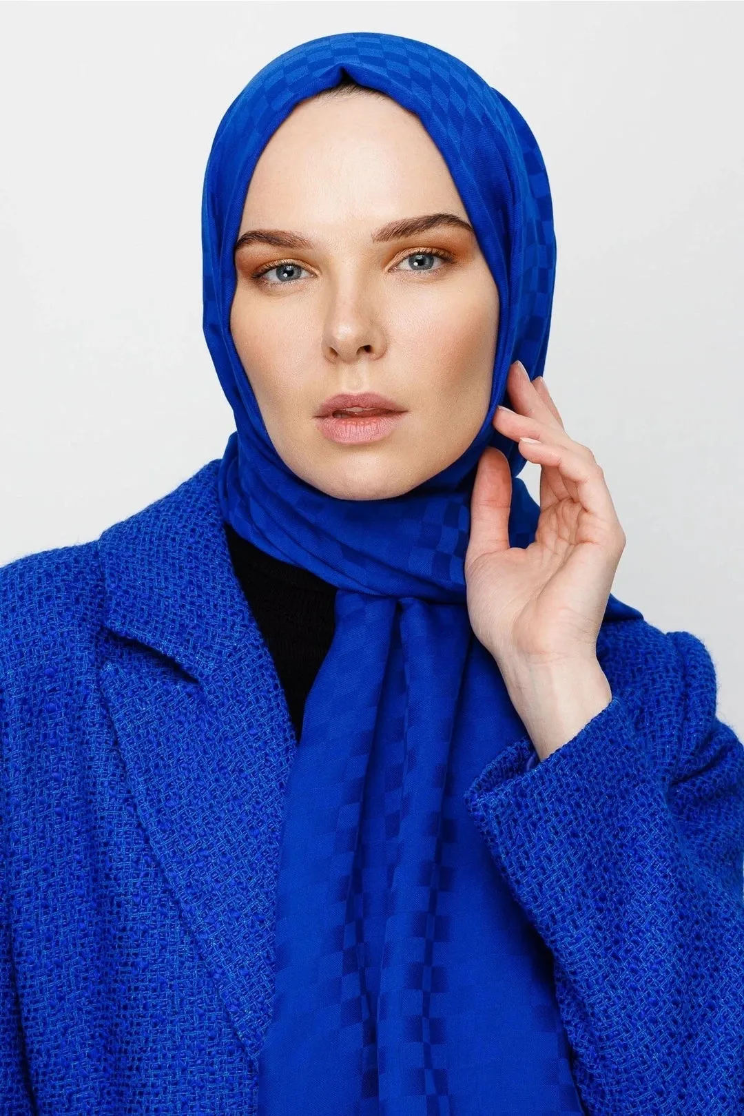 Sax Blue Square Pattern Cotton Jacquard Hijab
