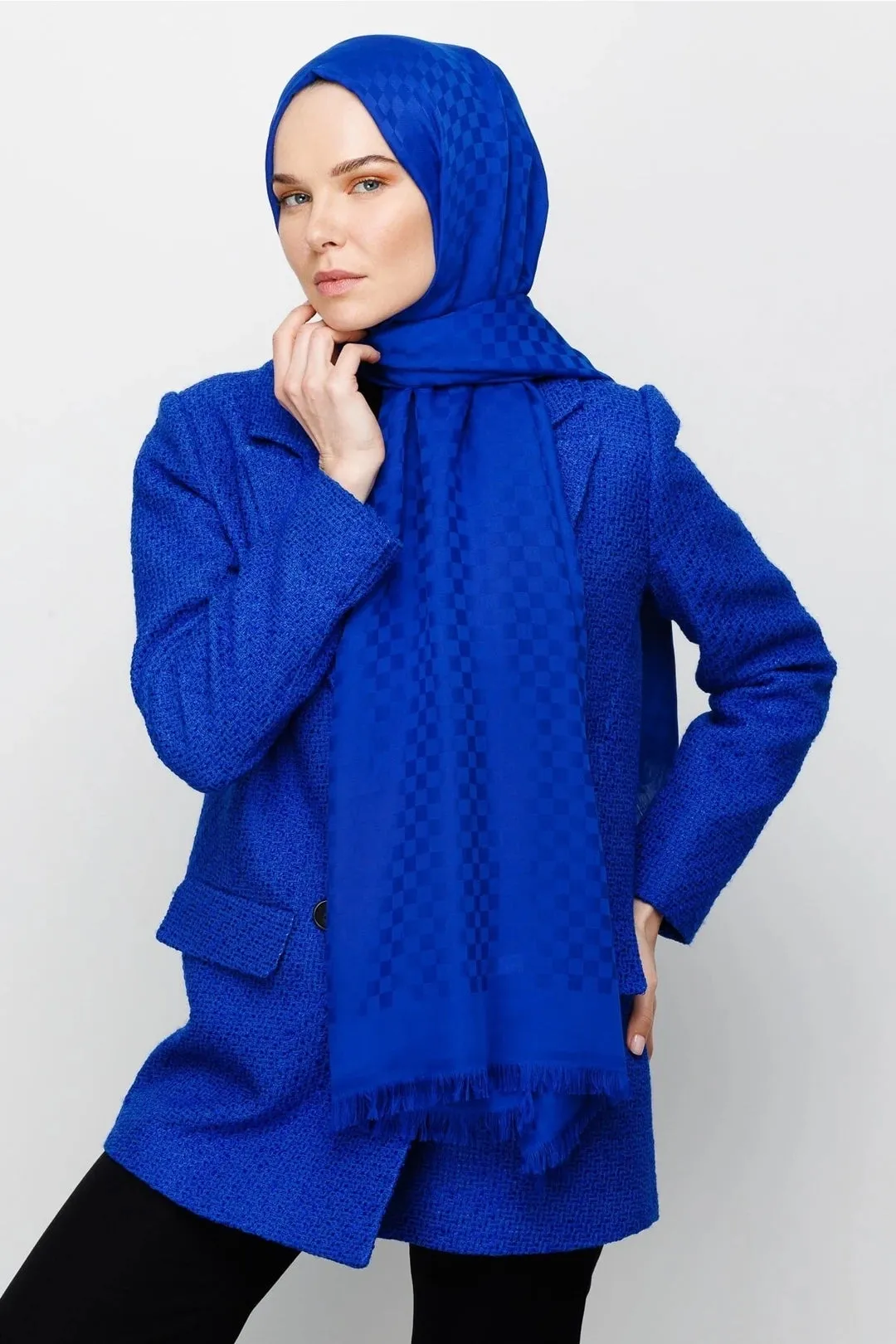 Sax Blue Square Pattern Cotton Jacquard Hijab