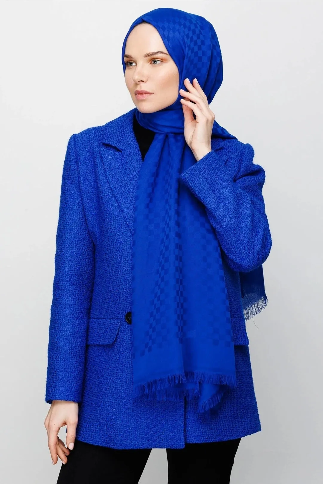 Sax Blue Square Pattern Cotton Jacquard Hijab