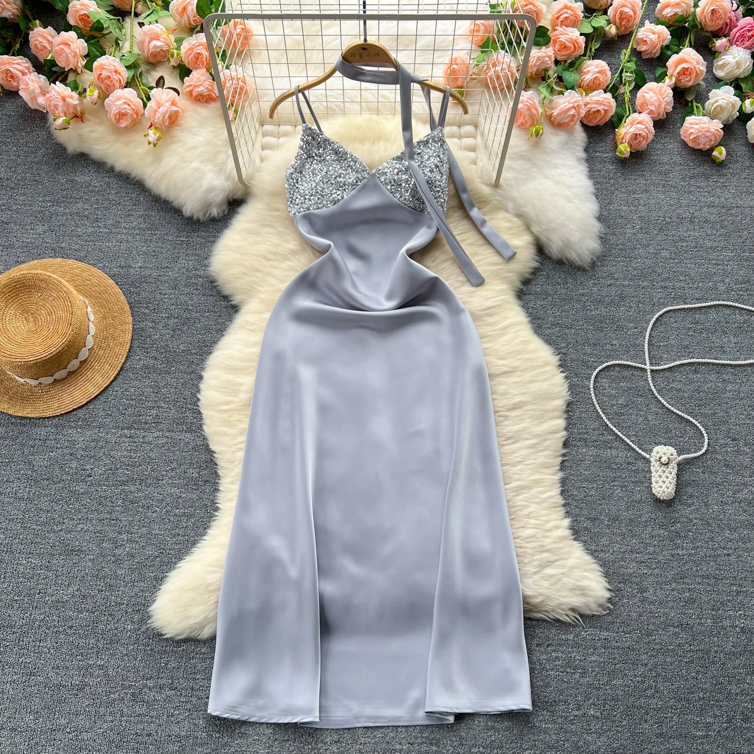 Sequined Patchwork Satin Slip Dress