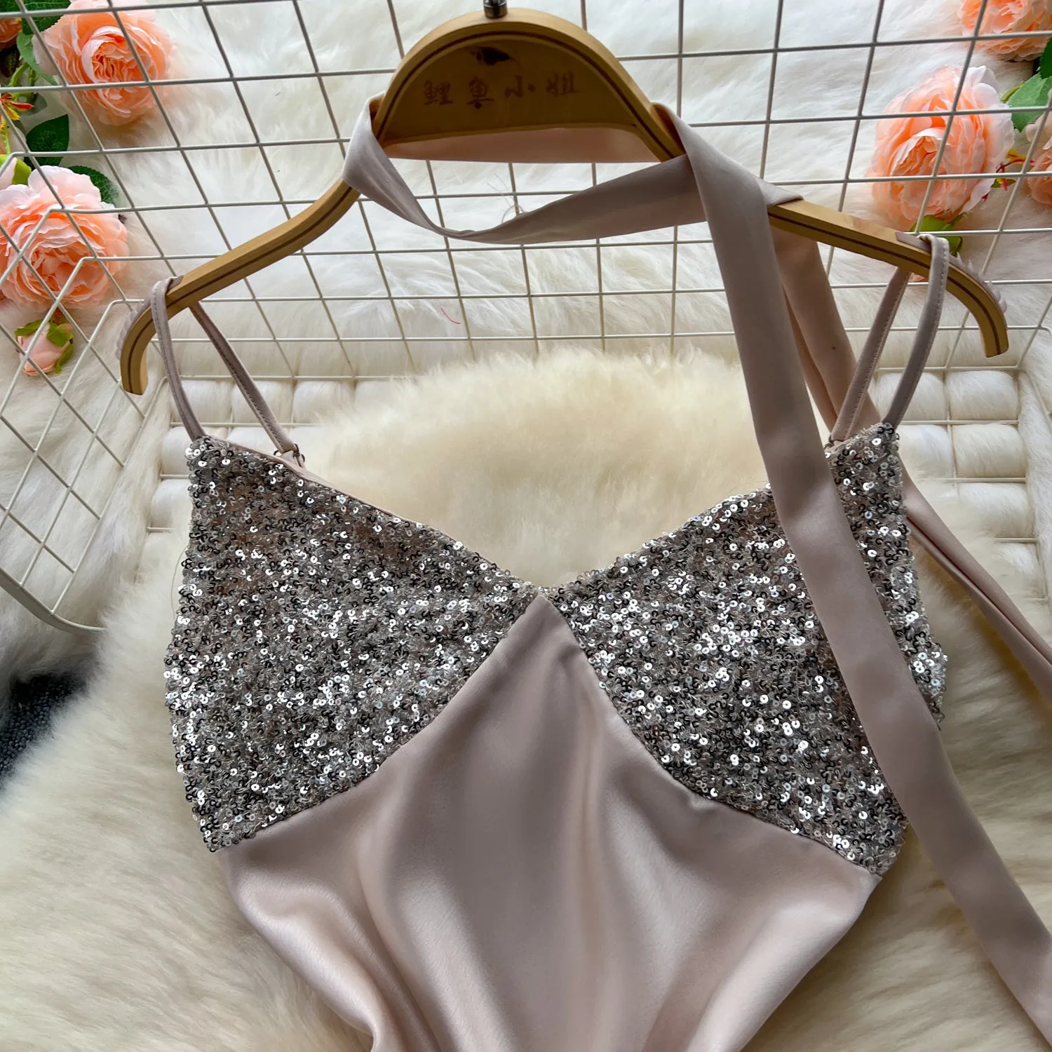 Sequined Patchwork Satin Slip Dress