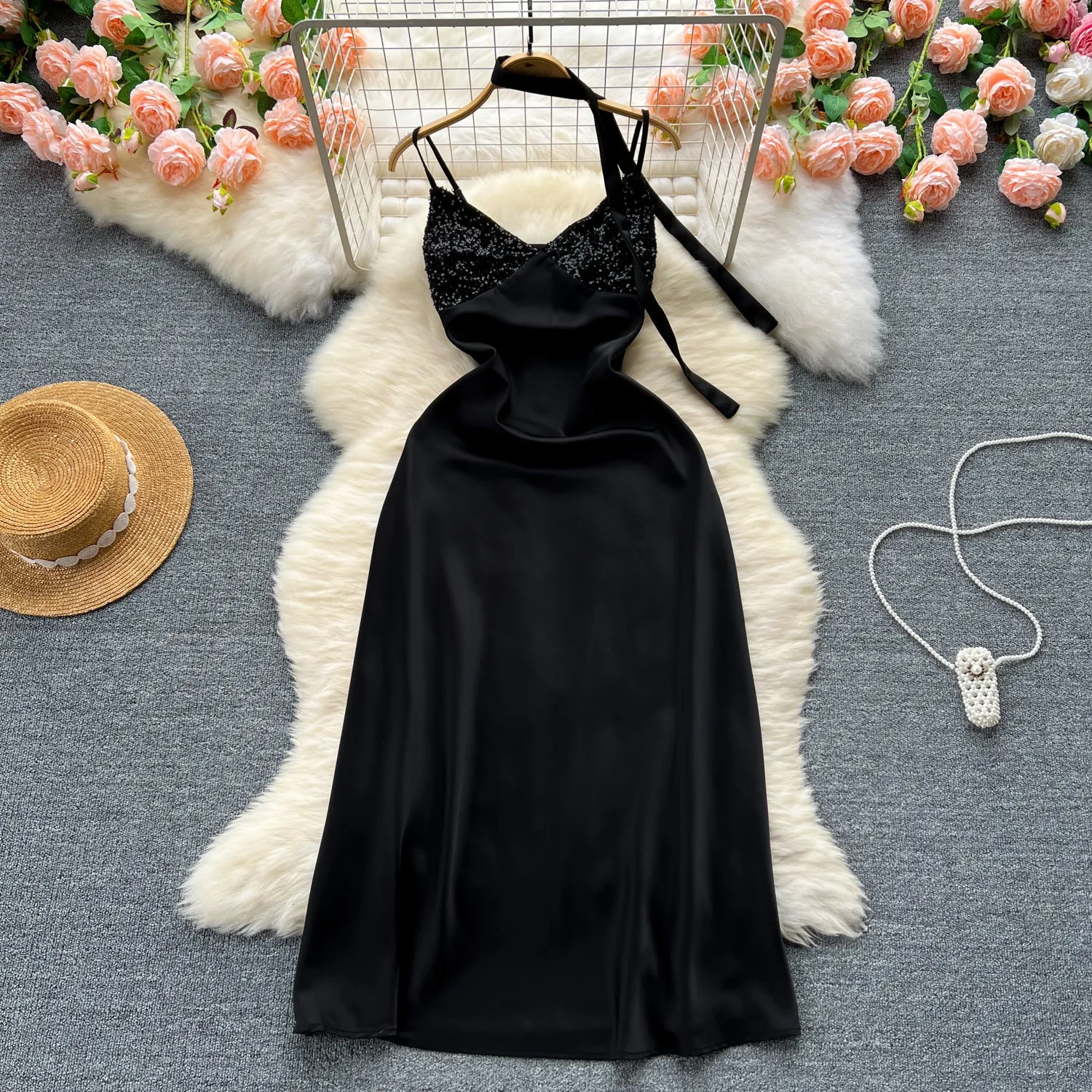 Sequined Patchwork Satin Slip Dress