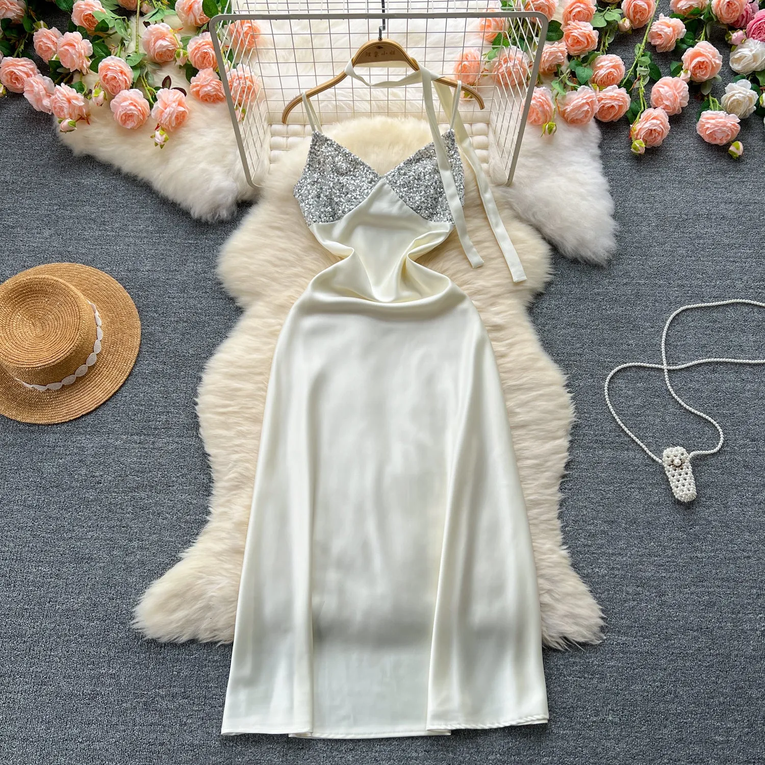 Sequined Patchwork Satin Slip Dress