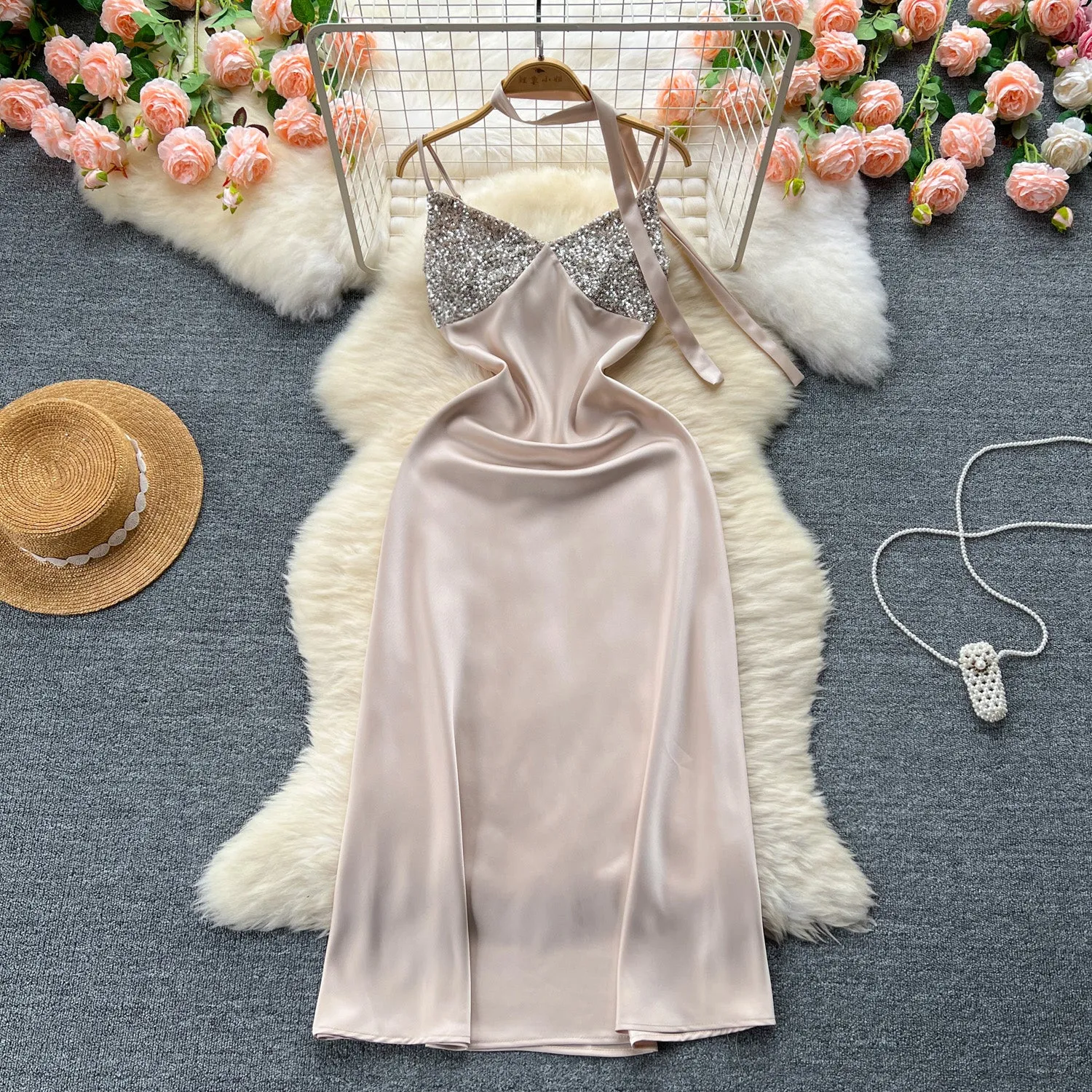 Sequined Patchwork Satin Slip Dress