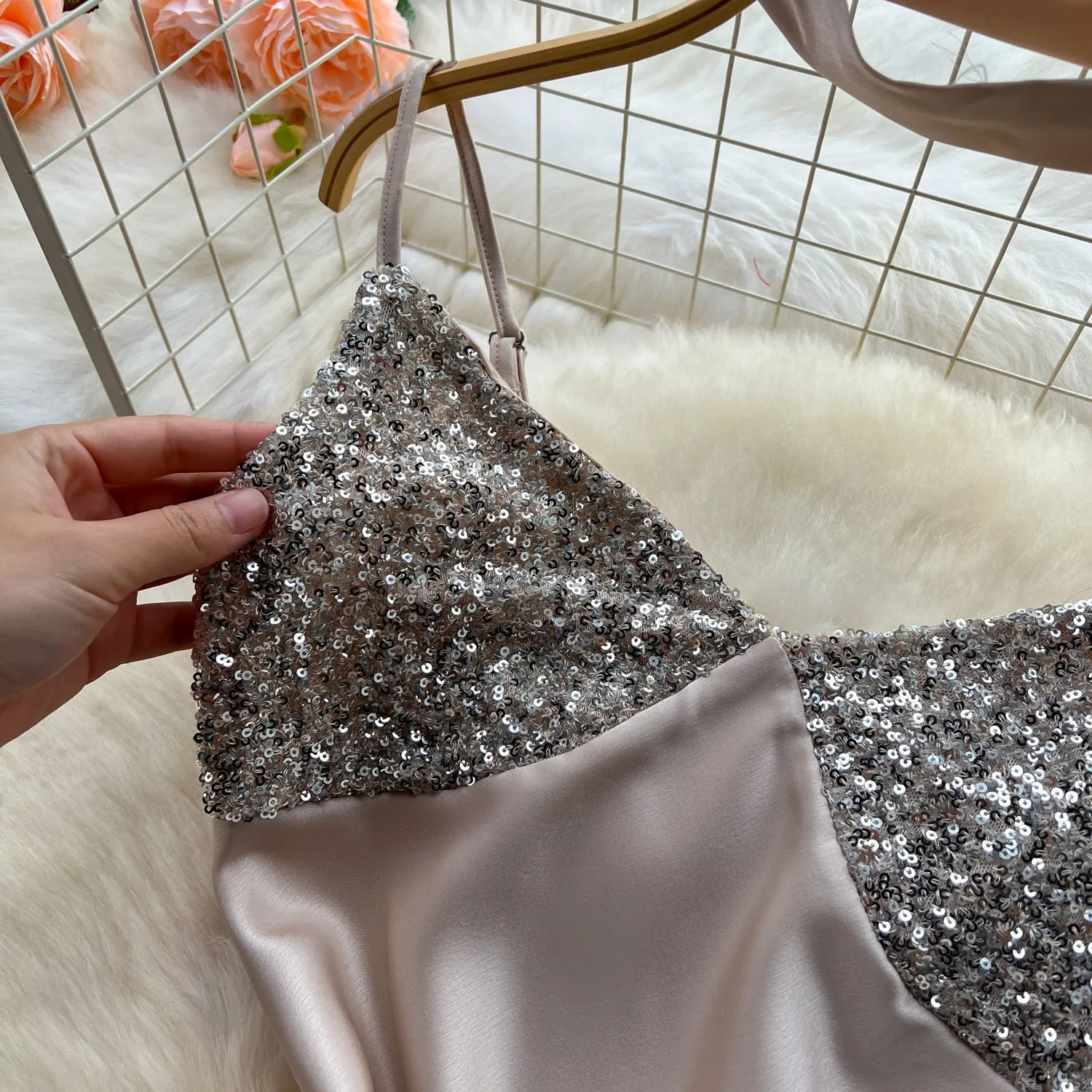 Sequined Patchwork Satin Slip Dress