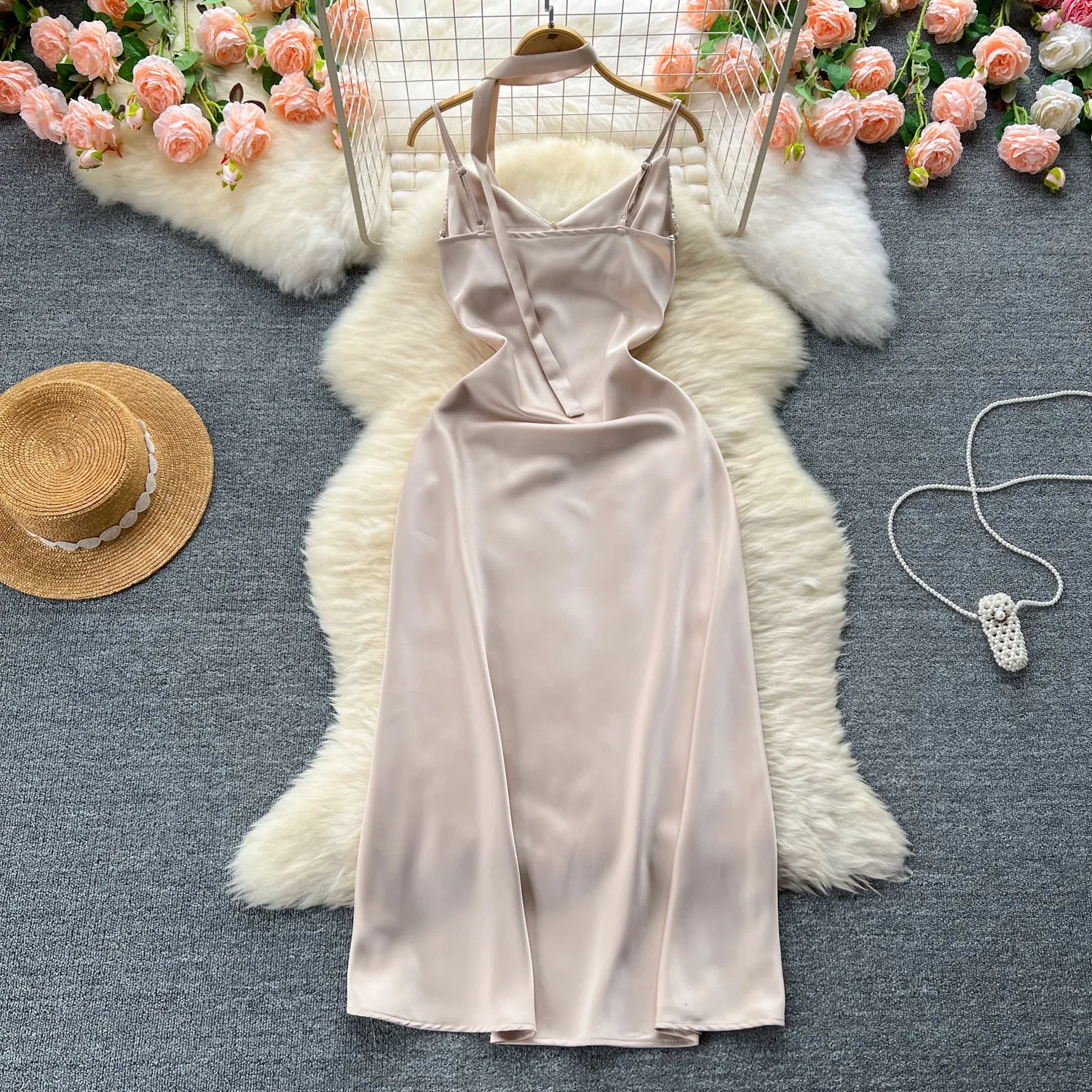 Sequined Patchwork Satin Slip Dress