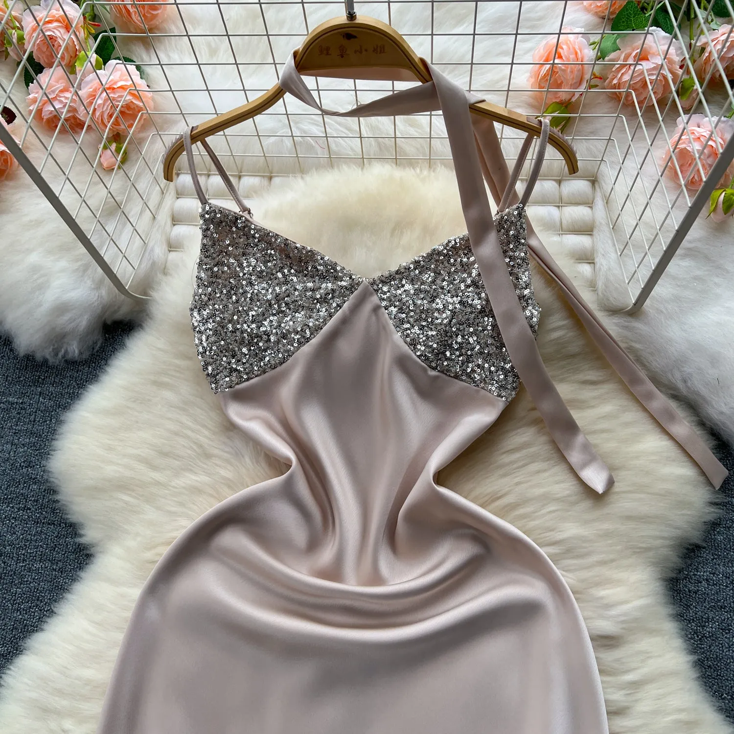 Sequined Patchwork Satin Slip Dress