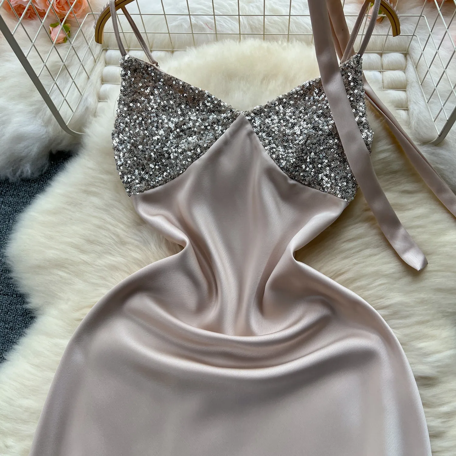Sequined Patchwork Satin Slip Dress