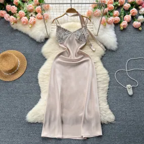 Sequined Patchwork Satin Slip Dress