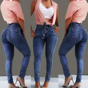 Sexy High Waist Stretch Belt Skinny Denim Pants