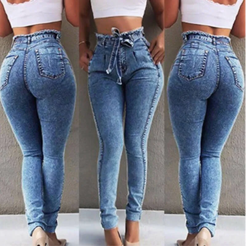 Sexy High Waist Stretch Belt Skinny Denim Pants