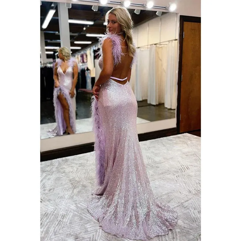 Sexy V-neck Chic Feathers High Split Sparkly Prom Dress
