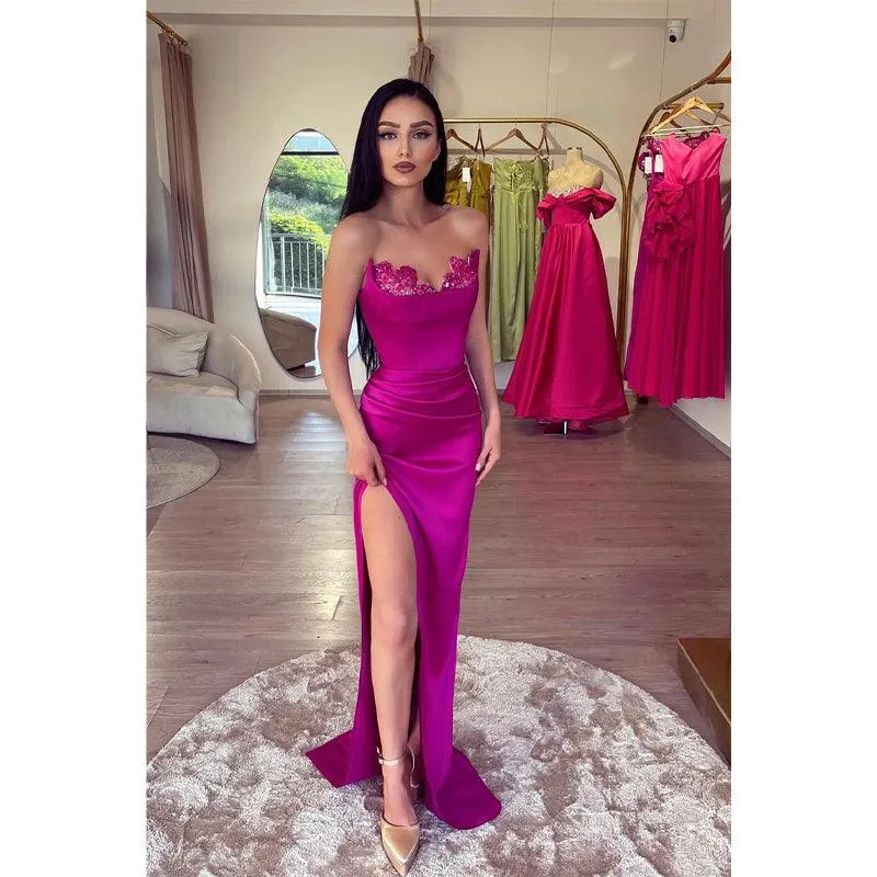 Sexy V Neck Satin Pleats Sheath Long Prom Formal Dress with Slit