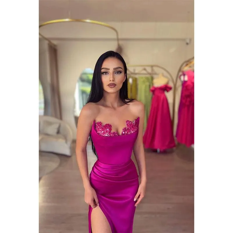 Sexy V Neck Satin Pleats Sheath Long Prom Formal Dress with Slit