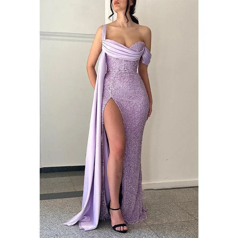 Sheath One Shoulder High Split Long Prom Formal Dress