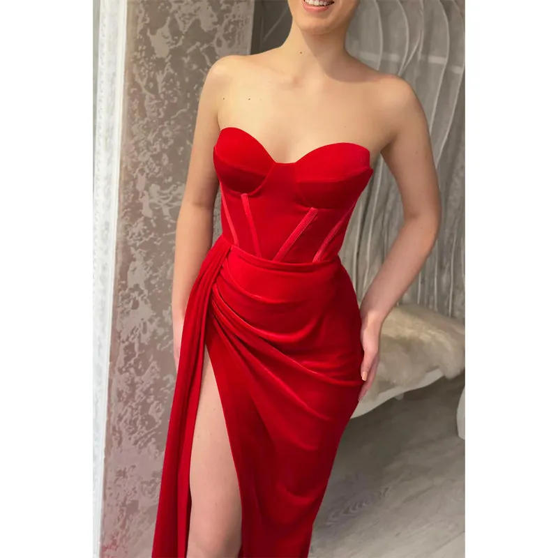Sheath Sweetheart High Split Red Long Formal Evening Dress
