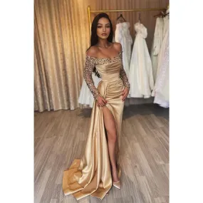 Sheath Sweetheart Sequins Long Sleeves Prom Formal Dress with Slit