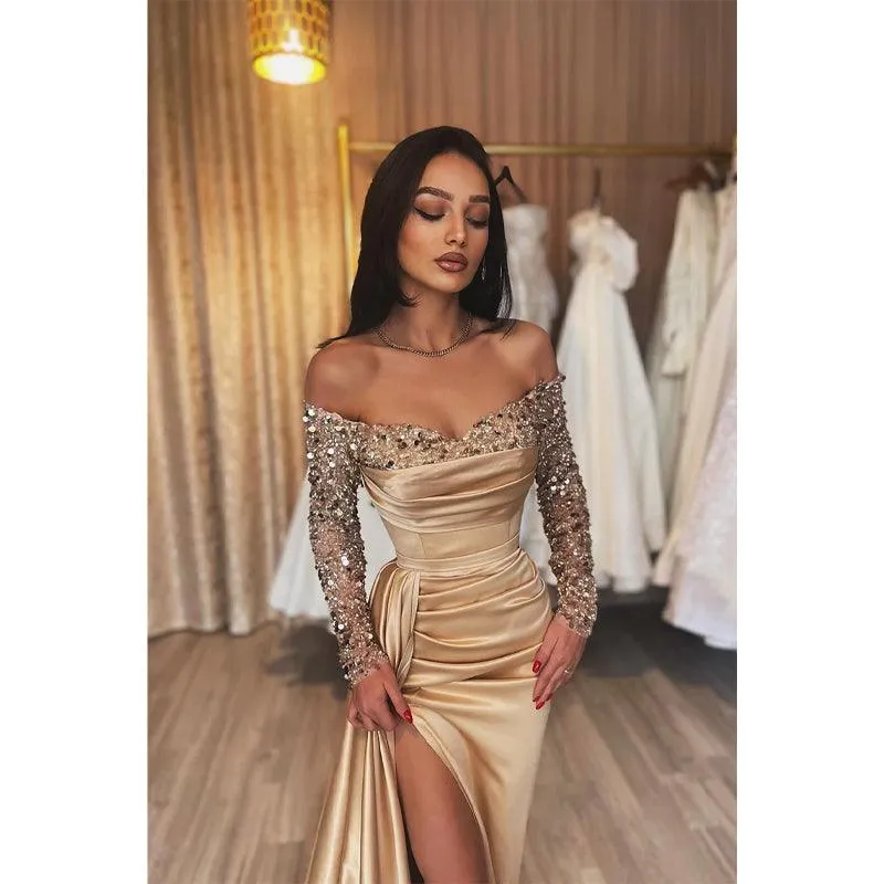 Sheath Sweetheart Sequins Long Sleeves Prom Formal Dress with Slit