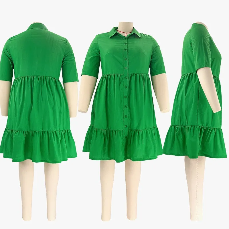 Short Sleeve Single Breasted Ruffles Shirt Dress
