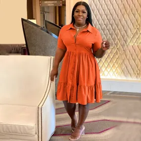 Short Sleeve Single Breasted Ruffles Shirt Dress