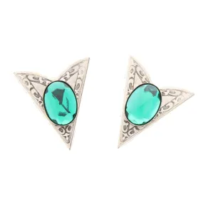 Silver Collar Tip, Western Collar Tip  with faceted emerald green stone, Pair