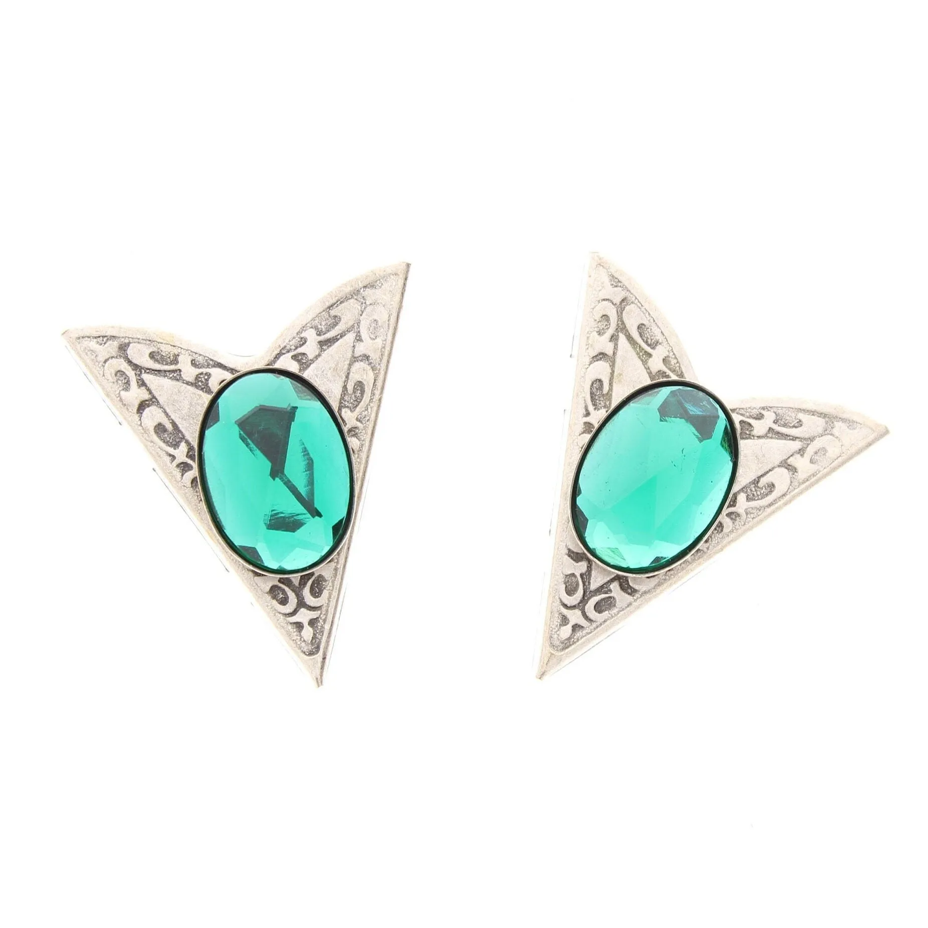 Silver Collar Tip, Western Collar Tip  with faceted emerald green stone, Pair