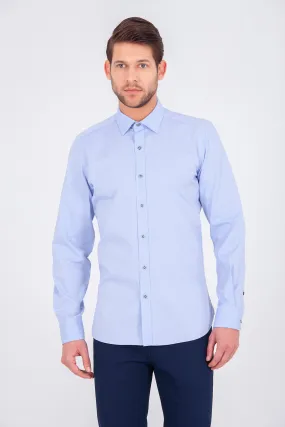 Slim Fit Long Sleeve Plain Cotton Casual Shirt, Light. Blue
