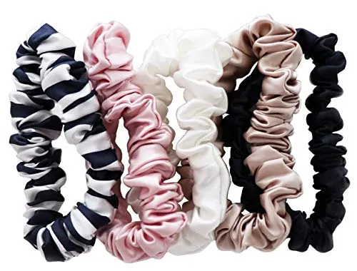 Slip Silk Midi Scrunchies in Black, White, Navy Stripe, Pink and Caramel - 100% Pure 22 Momme Mulberry Silk Scrunchies for Women - Hair-Friendly   Luxurious Elastic Scrunchies Set (5 Scrunchies)