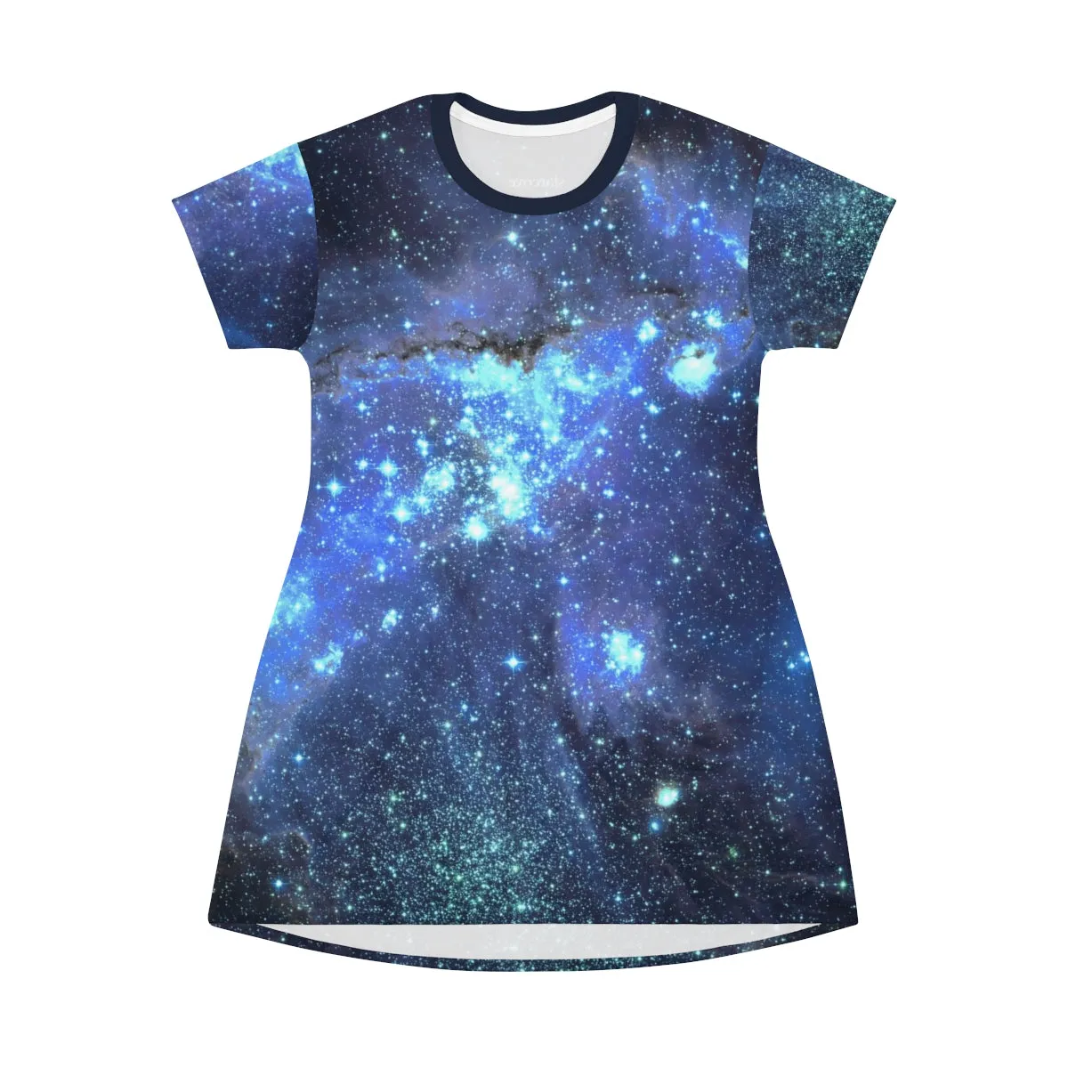 Space Galaxy T-shirt Dress, Women Blue Celestial Constellation Outer Universe Star Print Festival Night Sky Casual Summer Cover Up Tee Shirt
