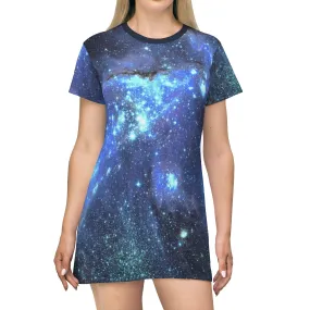 Space Galaxy T-shirt Dress, Women Blue Celestial Constellation Outer Universe Star Print Festival Night Sky Casual Summer Cover Up Tee Shirt