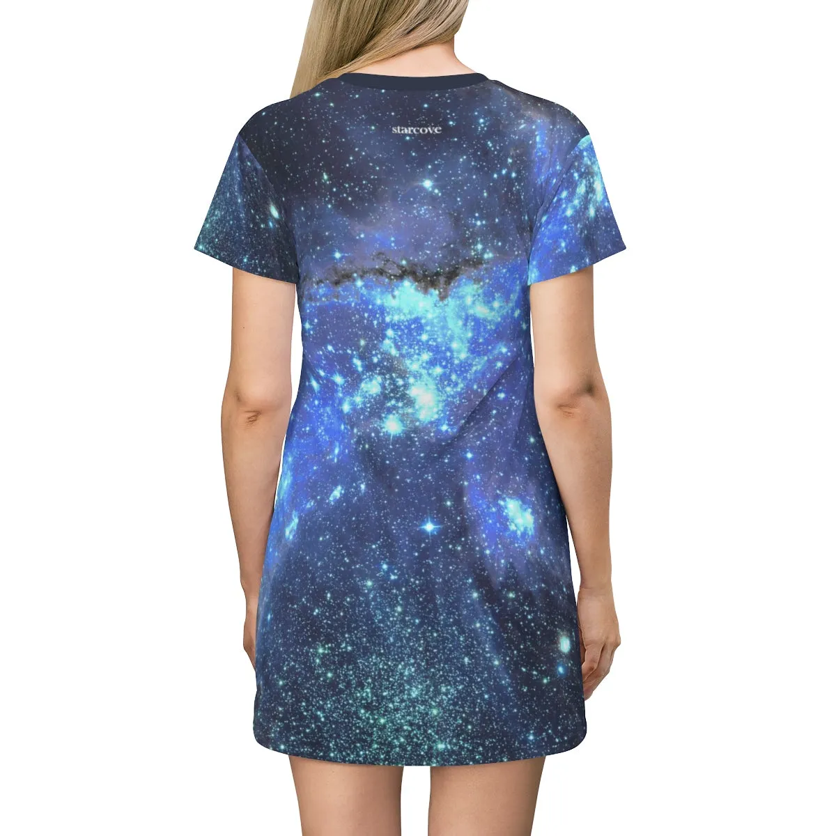 Space Galaxy T-shirt Dress, Women Blue Celestial Constellation Outer Universe Star Print Festival Night Sky Casual Summer Cover Up Tee Shirt
