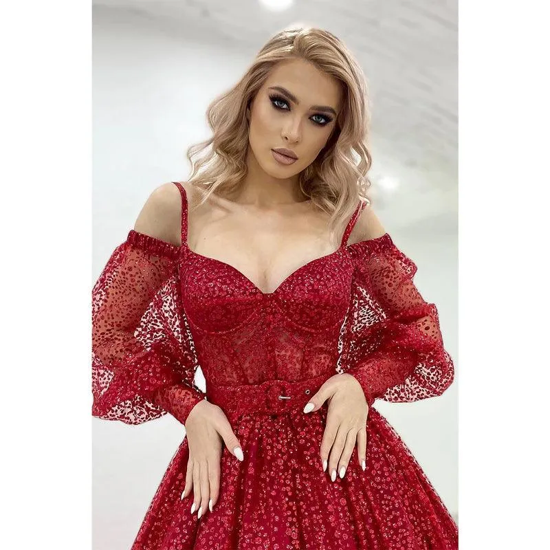 Spaghetti Straps Long Sleeves Sparkly Prom Dress