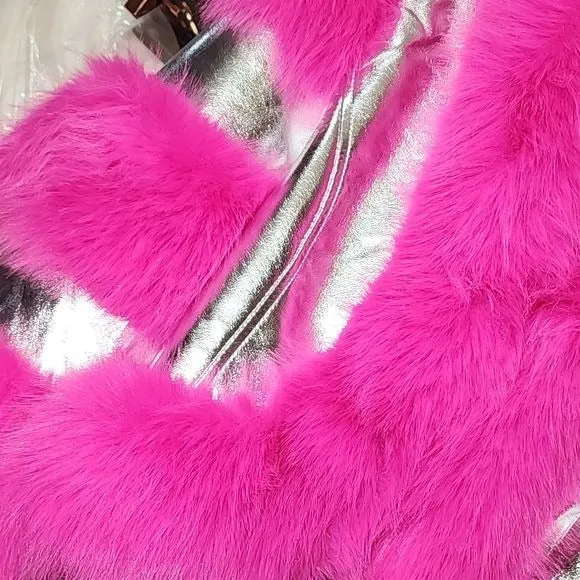 STASIA 3006 Akira Loverboy Silver Pink Faux Fur Moto Jacket Medium