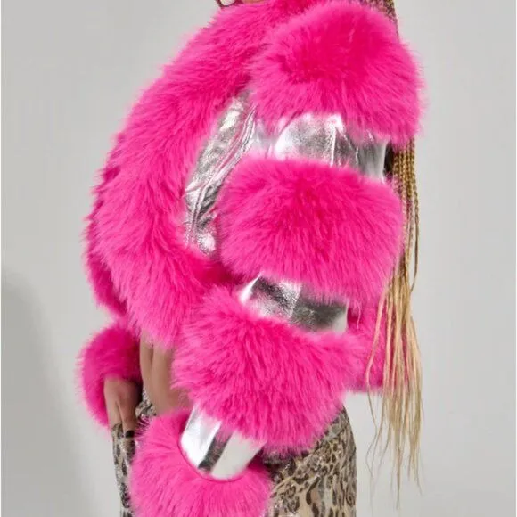 STASIA 3006 Akira Loverboy Silver Pink Faux Fur Moto Jacket Medium