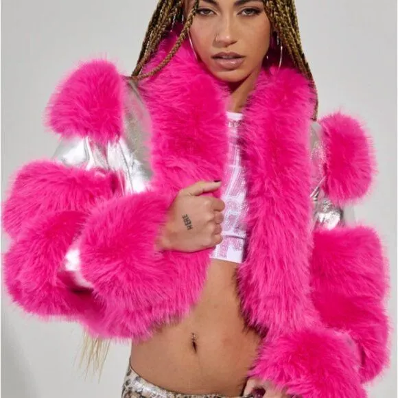 STASIA 3006 Akira Loverboy Silver Pink Faux Fur Moto Jacket Medium