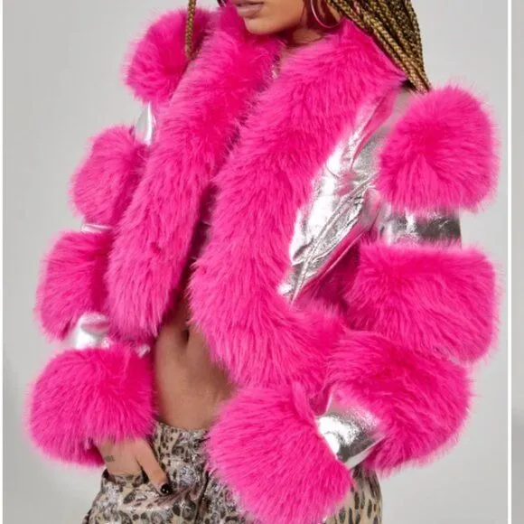 STASIA 3006 Akira Loverboy Silver Pink Faux Fur Moto Jacket Medium
