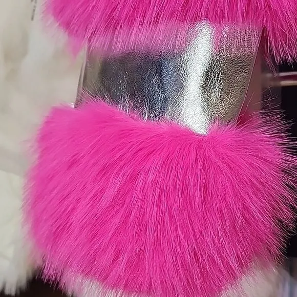 STASIA 3006 Akira Loverboy Silver Pink Faux Fur Moto Jacket Medium