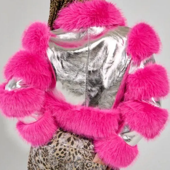 STASIA 3006 Akira Loverboy Silver Pink Faux Fur Moto Jacket Medium