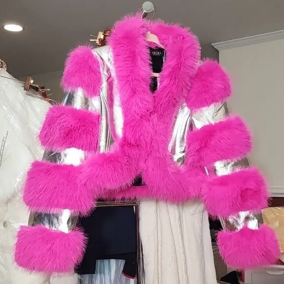 STASIA 3006 Akira Loverboy Silver Pink Faux Fur Moto Jacket Medium