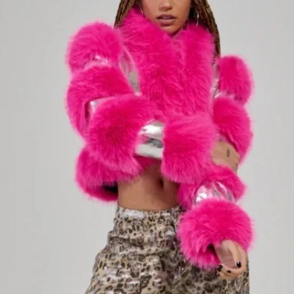 STASIA 3006 Akira Loverboy Silver Pink Faux Fur Moto Jacket Medium