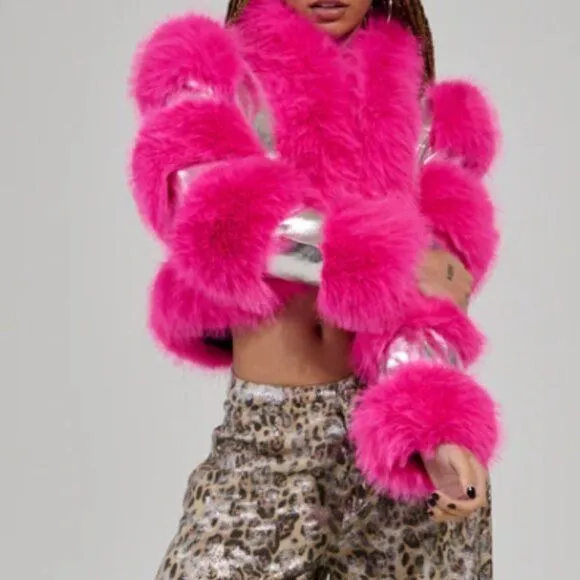 STASIA 3006 Akira Loverboy Silver Pink Faux Fur Moto Jacket Medium