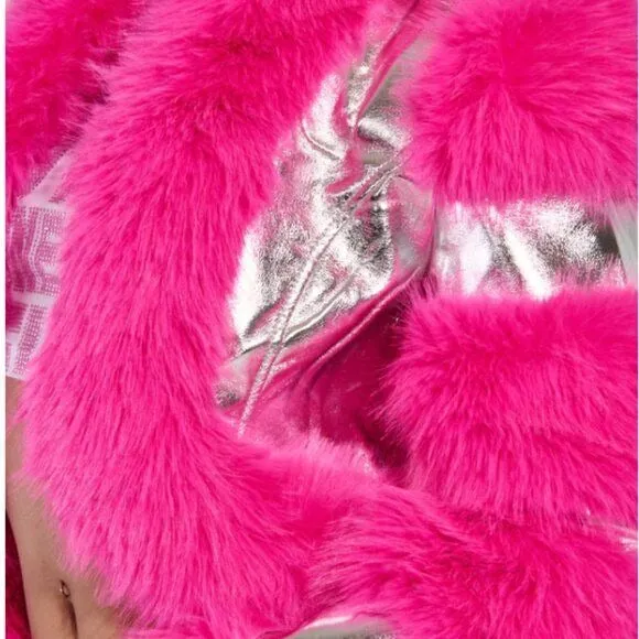 STASIA 3006 Akira Loverboy Silver Pink Faux Fur Moto Jacket Medium
