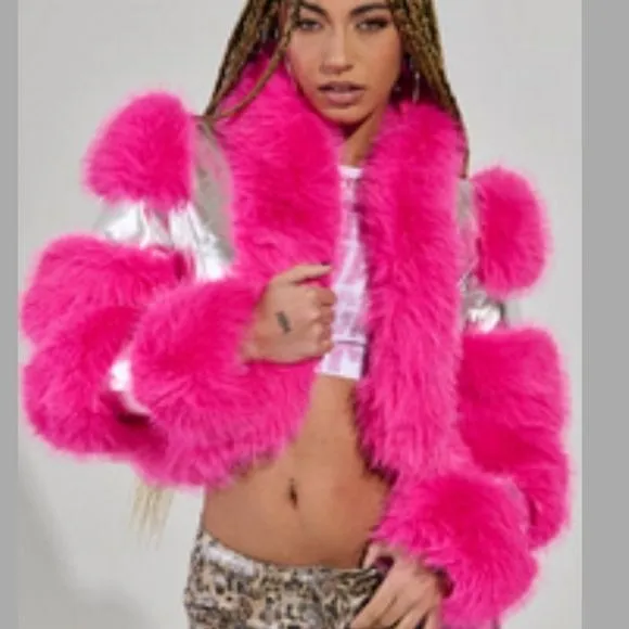STASIA 3006 Akira Loverboy Silver Pink Faux Fur Moto Jacket Medium